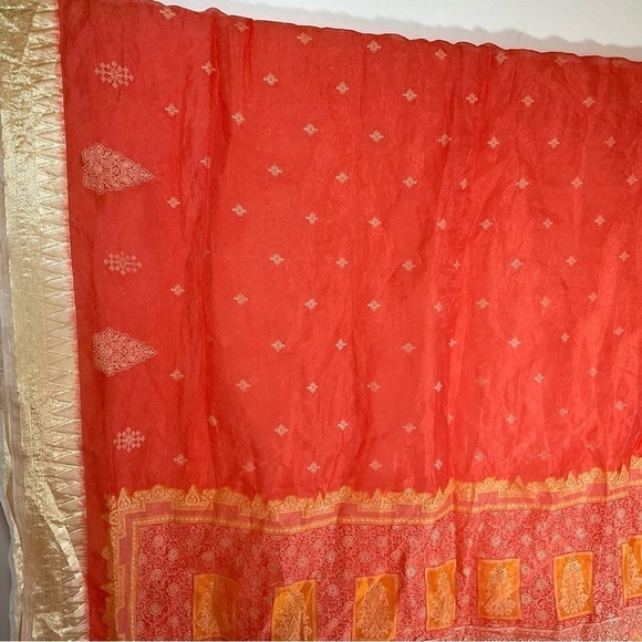 Orange Sheer Saree Fabric With Embroidered Gold Trim - Picture 1 of 8